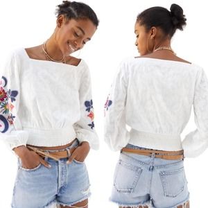 Anthropologie Embroidered Puff-Sleeve Blouse square neck crop
